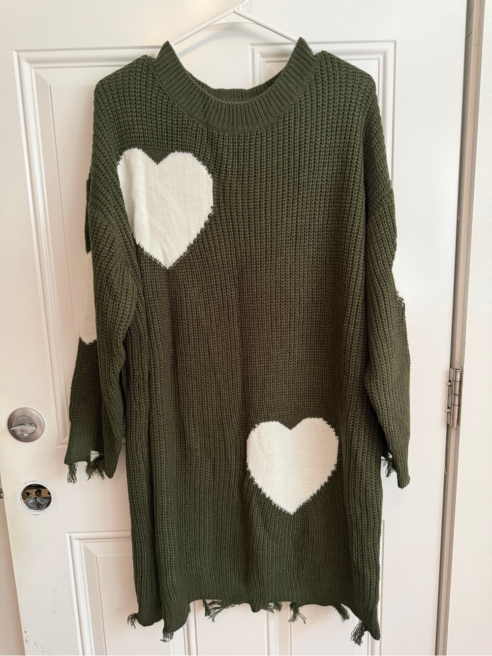 SHEIN Olive Green Knit Sweater Dress with White Heart Motifs